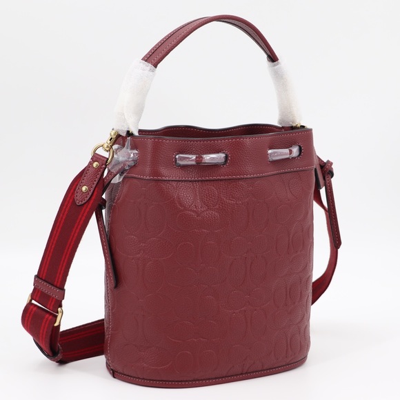 New Coach Field Signature Leather Bucket Shoulder Bag Wine - Picture 3 of 12